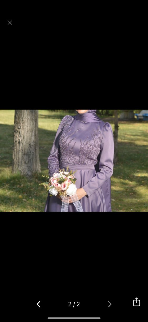 Uzun Kollu Mor Drape Detaylı Kadın Abiye Elbise - Görsel 2