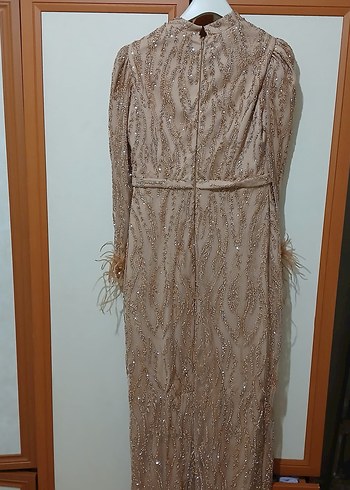 Krem Rengi Uzun İşlemeli Abiye Elbise - Görsel 3