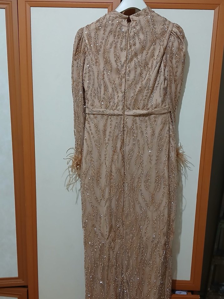 Krem Rengi Uzun İşlemeli Abiye Elbise - Görsel 3