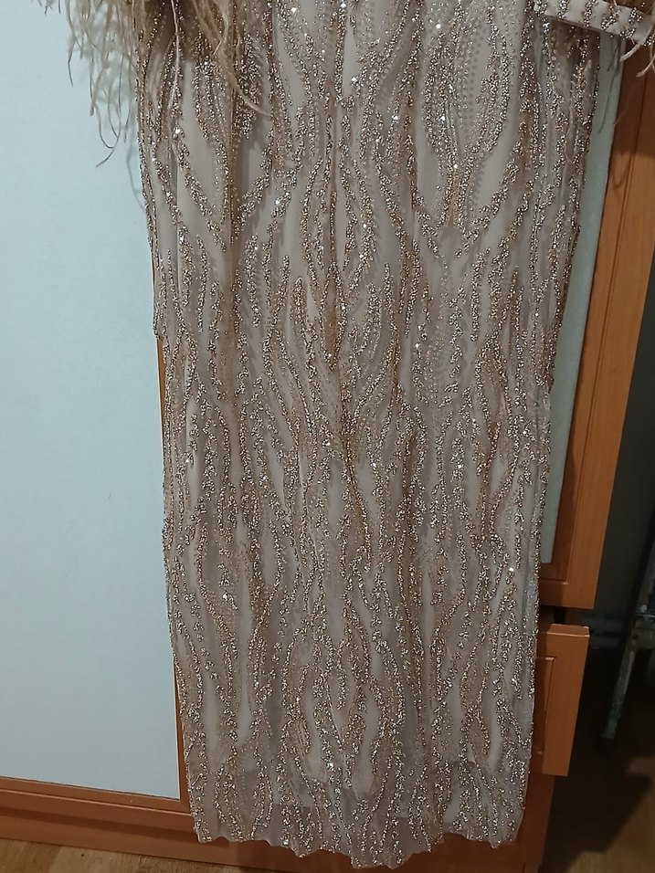 Krem Rengi Uzun İşlemeli Abiye Elbise - Görsel 5