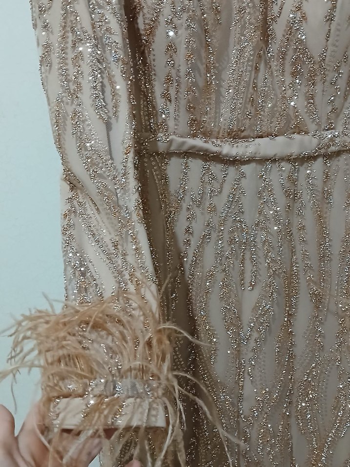 Krem Rengi Uzun İşlemeli Abiye Elbise - Görsel 2