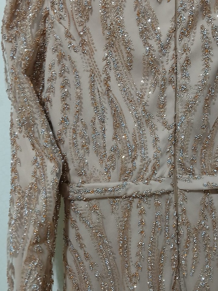 Krem Rengi Uzun İşlemeli Abiye Elbise - Görsel 4