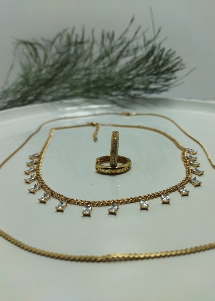 Gömme zirkon taşlı küpe& baget taşlı kolye basic zincir kombin - Görsel 2