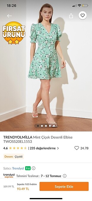 Trendyol & Milla Mint çiçekli elbise