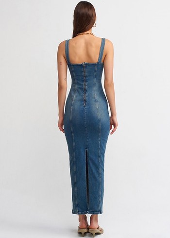 Kadın Lacivert Kot Uzun Elbise - Görsel 2