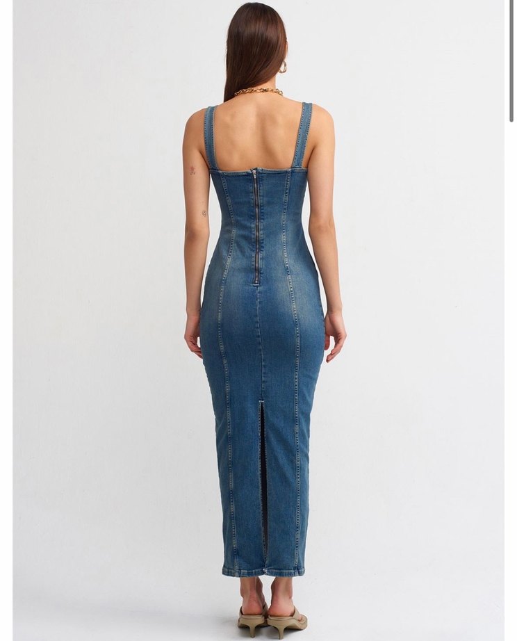 Kadın Lacivert Kot Uzun Elbise - Görsel 2