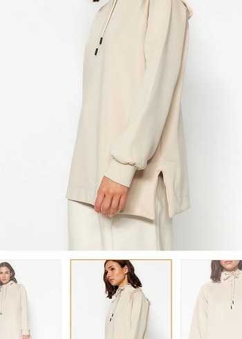 Bej Kapüşonlu Oversize Sweatshirt - Görsel 8