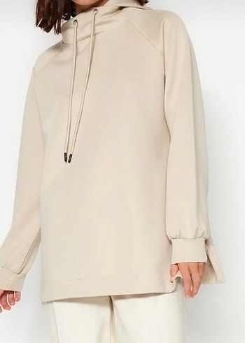 Bej Kapüşonlu Oversize Sweatshirt - Görsel 7