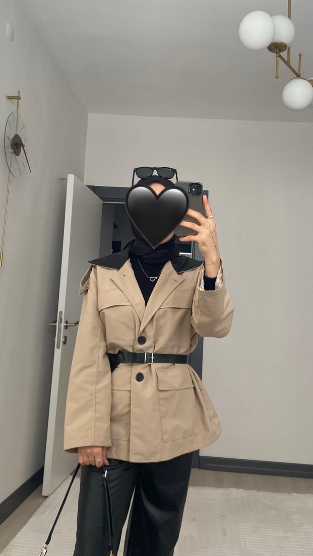 Bej Kemerli Mini Deri Trençkot - Görsel 2