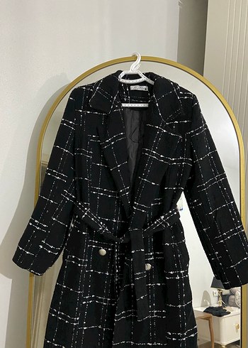 Kemerli Siyah Ekose Kadın Uzun Kaban - Görsel 2