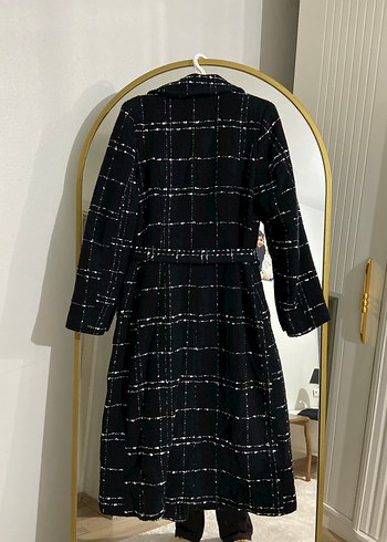 Kemerli Siyah Ekose Kadın Uzun Kaban - Görsel 5