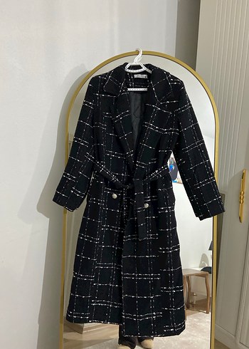 Kemerli Siyah Ekose Kadın Uzun Kaban - Görsel 3