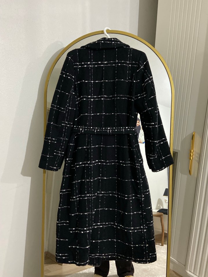 Kemerli Siyah Ekose Kadın Uzun Kaban - Görsel 5