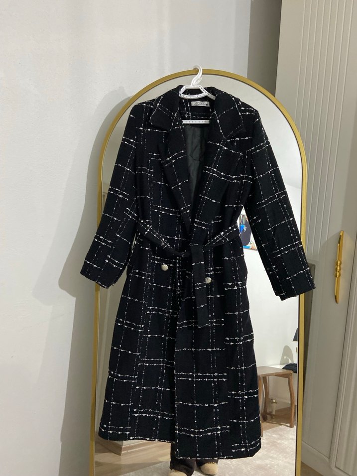 Kemerli Siyah Ekose Kadın Uzun Kaban - Görsel 3