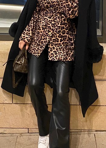 Leopar Desenli Kadın Süet Midi Kaban - Görsel 3