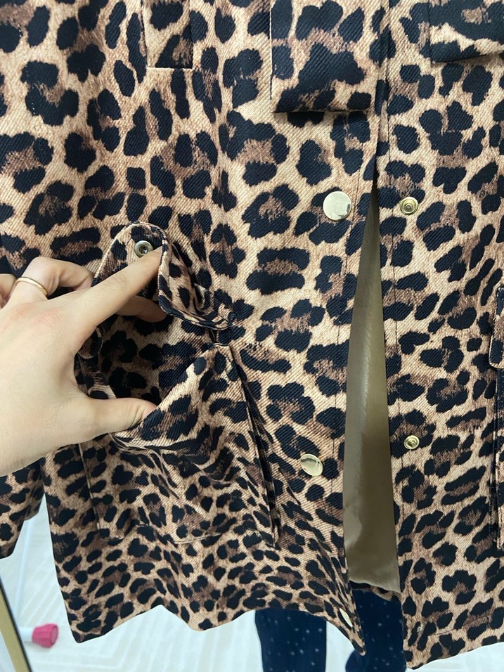 Leopar Desenli Kadın Süet Midi Kaban - Görsel 5