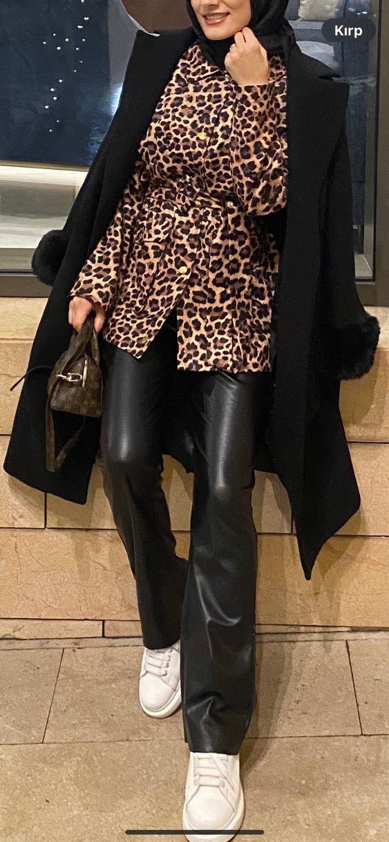 Leopar Desenli Kadın Süet Midi Kaban - Görsel 3