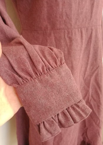 s Beden Bordo Fırfırlı Uzun Kollu Midi Elbise