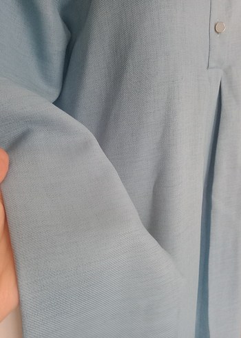 44 Beden Düğmeli Uzun Turkuaz Keten Tunik