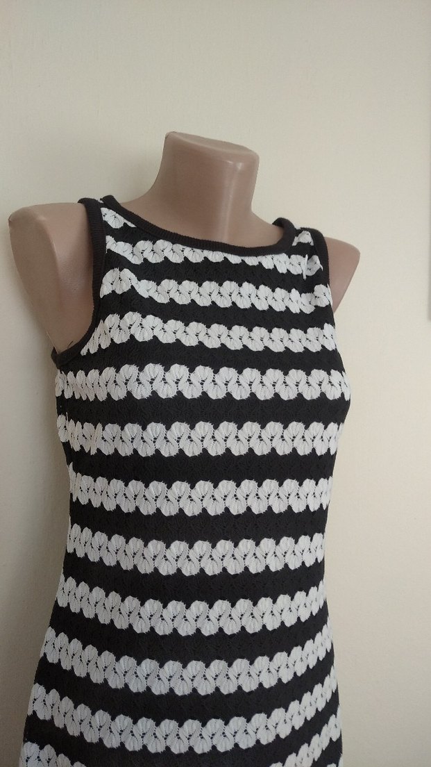 Siyah Gri Çizgili Dantelli Uzun Triko Elbise - Görsel 2