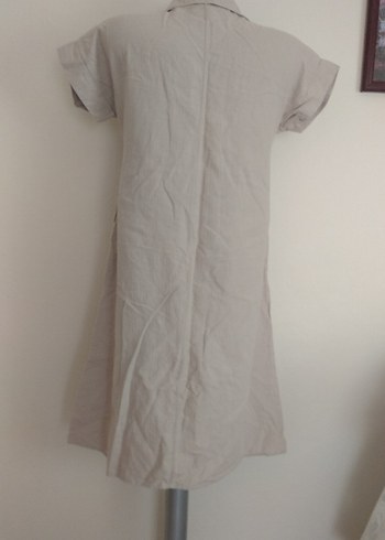 Bej Kısa Kollu Midi Keten Elbise - Görsel 4