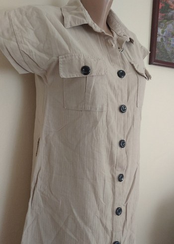 Bej Kısa Kollu Midi Keten Elbise - Görsel 2