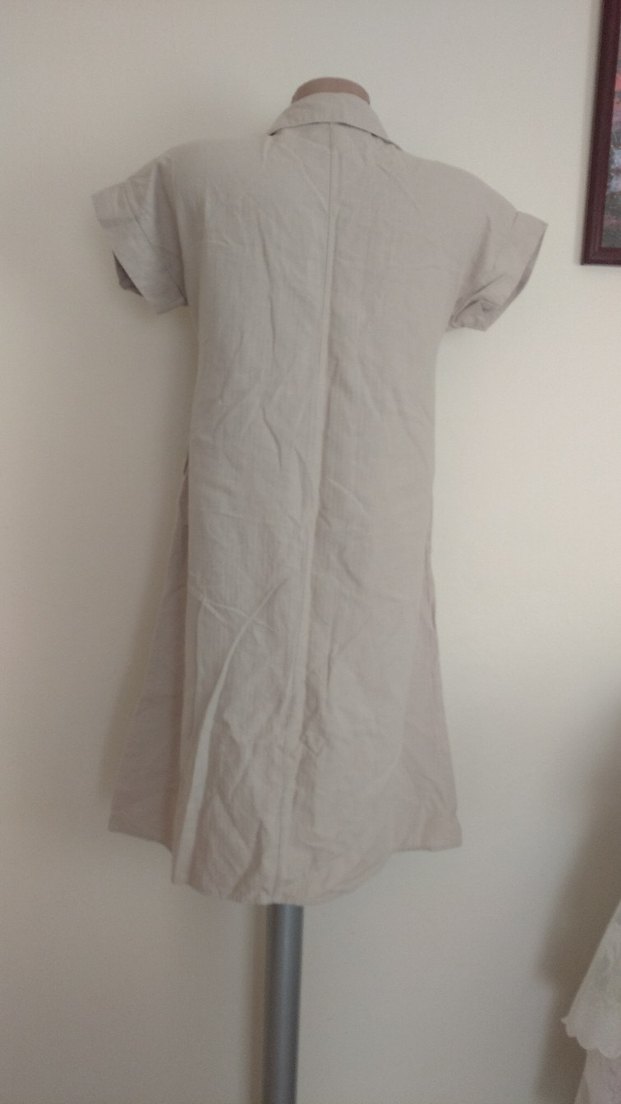 Bej Kısa Kollu Midi Keten Elbise - Görsel 4