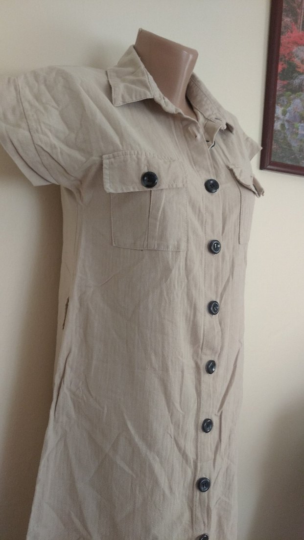 Bej Kısa Kollu Midi Keten Elbise - Görsel 2