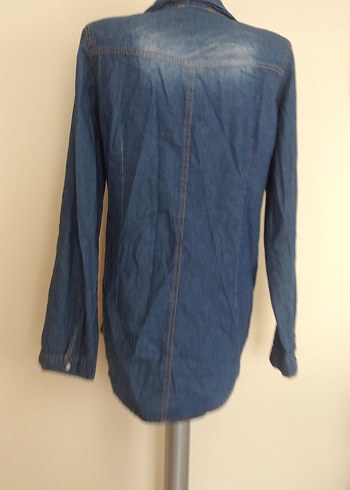 Düğmeli Mavi Kot Gömlek - Görsel 3