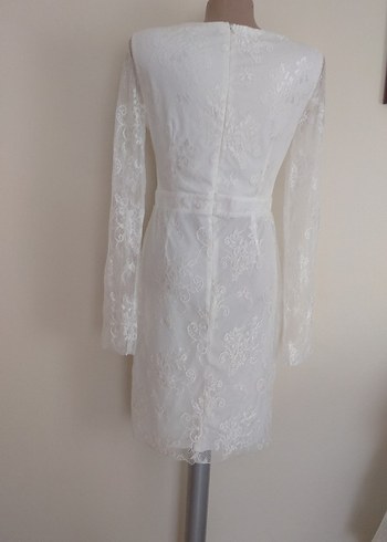 Dantel İşlemeli Beyaz Midi Abiye Elbise - Görsel 8