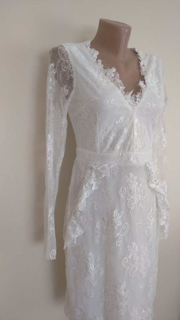 Dantel İşlemeli Beyaz Midi Abiye Elbise - Görsel 2