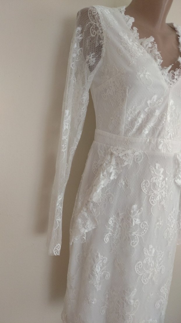 Dantel İşlemeli Beyaz Midi Abiye Elbise - Görsel 5