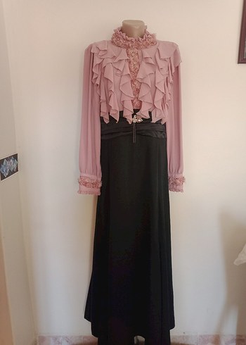 Pembe Fırfırlı Uzun Kollu Gotik Elbise