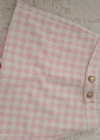 Düğmeli Pembe Kareli kalın şortlu Etek