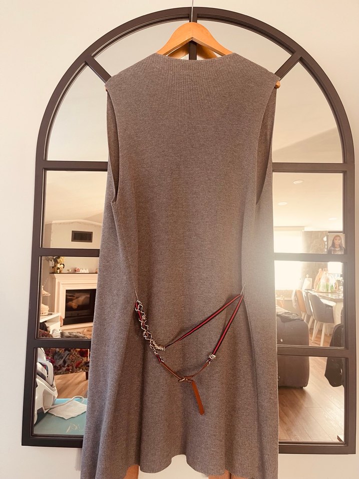 Drapeli  yaka Taba ve  Gri Kadın Yelek - Görsel 5