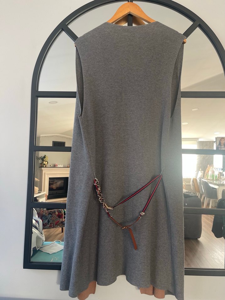 Drapeli  yaka Taba ve  Gri Kadın Yelek - Görsel 2