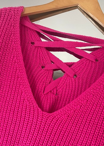 Pembe V Yaka Örgü Triko Kadın Kazak - Görsel 4
