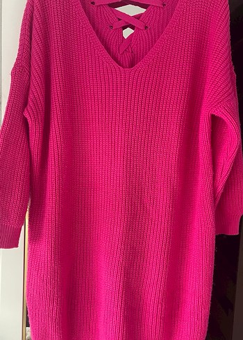 Pembe V Yaka Örgü Triko Kadın Kazak - Görsel 6