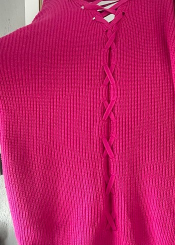 Pembe V Yaka Örgü Triko Kadın Kazak - Görsel 3