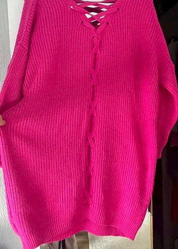Pembe V Yaka Örgü Triko Kadın Kazak - Görsel 5