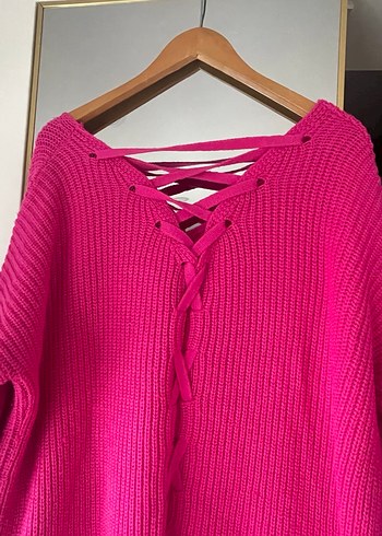 Pembe V Yaka Örgü Triko Kadın Kazak - Görsel 2