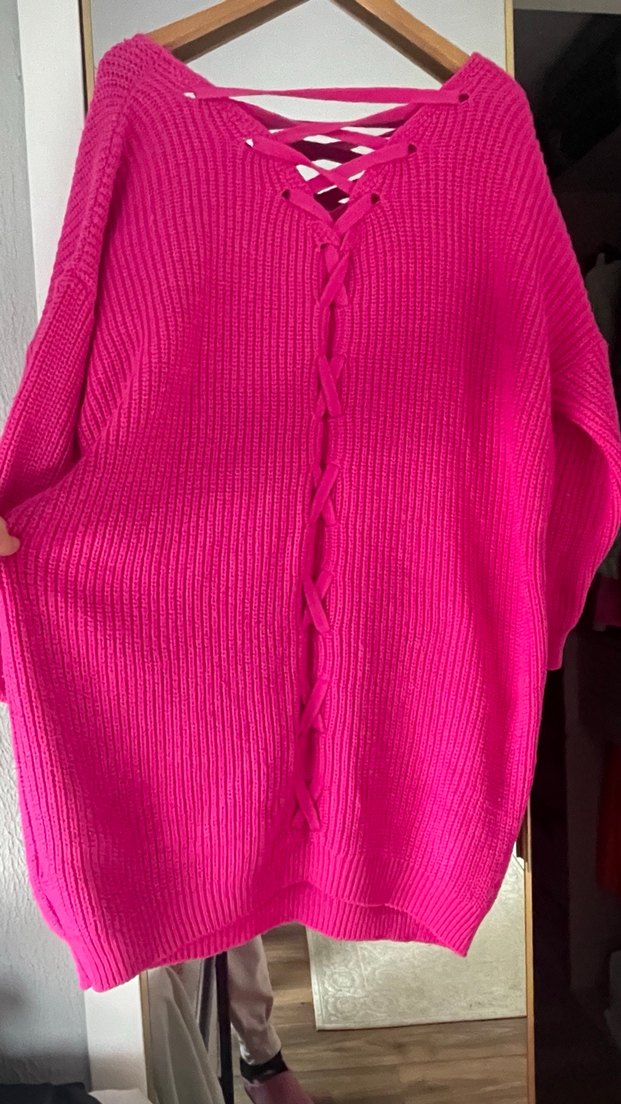 Pembe V Yaka Örgü Triko Kadın Kazak - Görsel 5