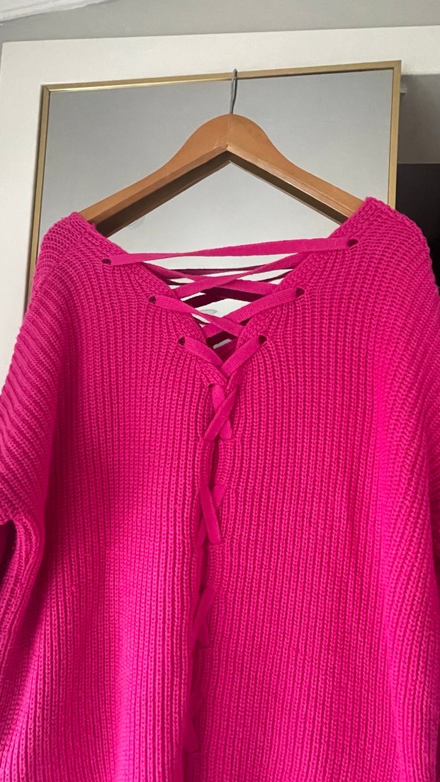 Pembe V Yaka Örgü Triko Kadın Kazak - Görsel 2