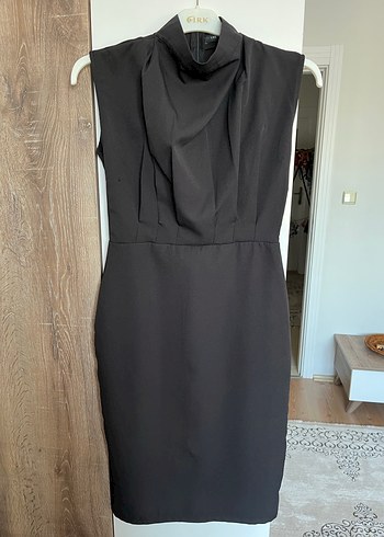 Drapeli Siyah Midi Ofis Elbisesi - Görsel 2