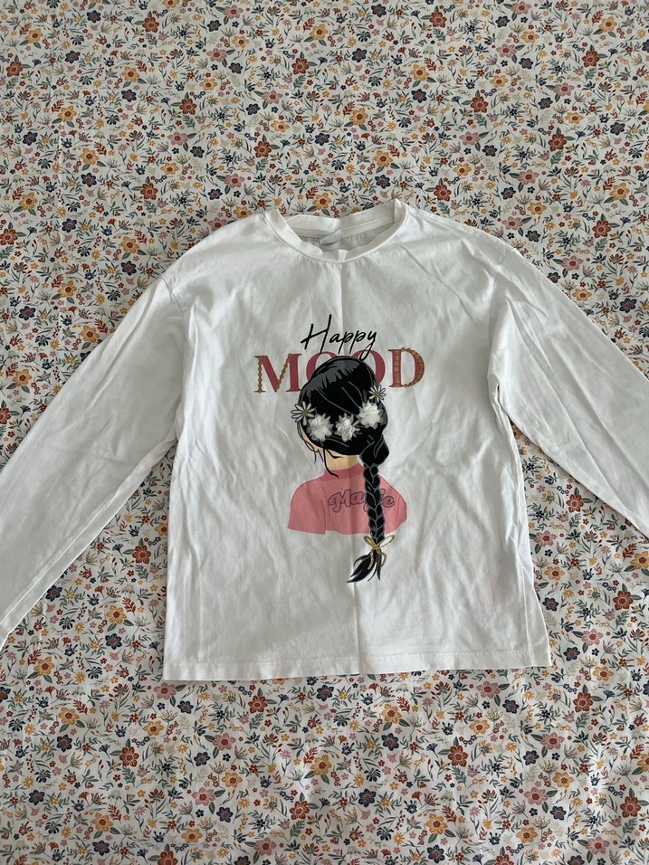 Beyaz Baskılı Uzun Kollu Kız Tişörtü - Görsel 2