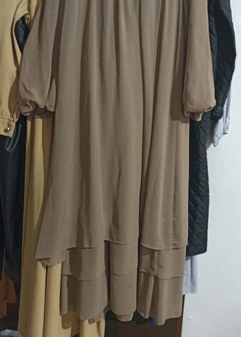 Bej V Yaka Uzun Keten Elbise - Görsel 2