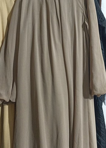 Bej V Yaka Uzun Keten Elbise - Görsel 3