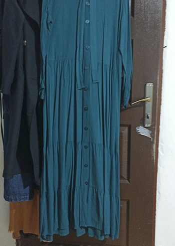 Düğmeli Uzun Turkuaz Keten Elbise - Görsel 3