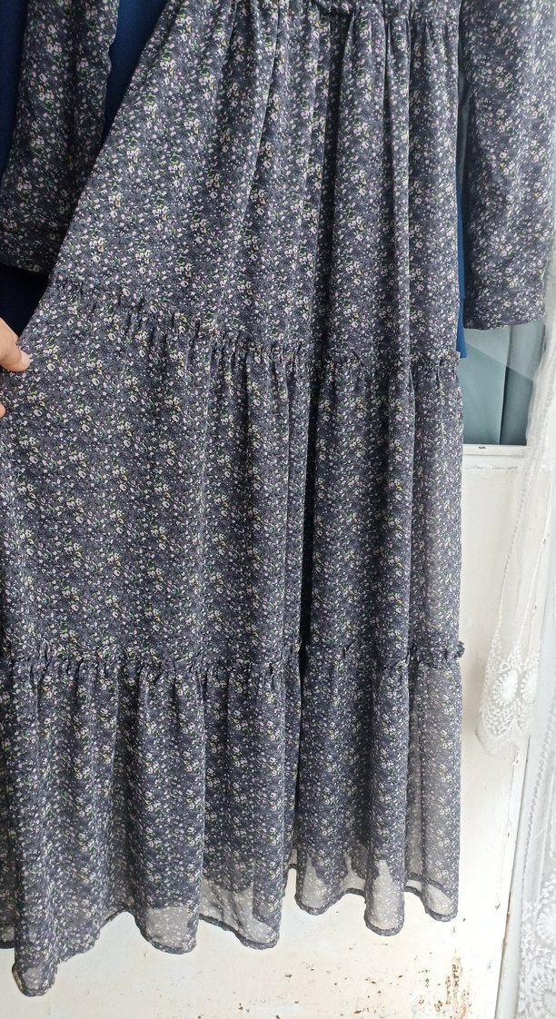 Gri Desenli V Yaka Uzun Bohem Elbise - Görsel 2