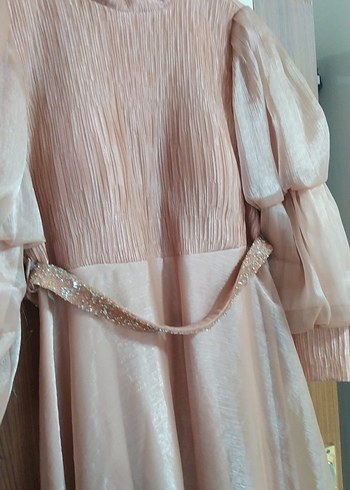 Bej Uzun Drapeli Kadın Abiye Elbise - Görsel 4